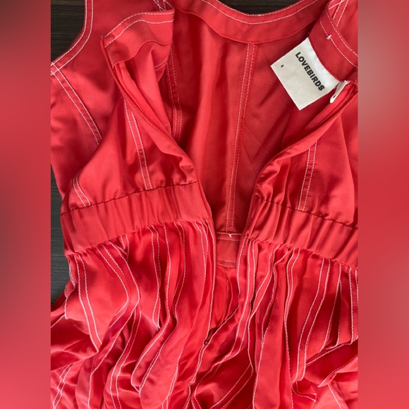 $495 Silk LOVEBIRDS Dress Contrast Stitching Orange Zipper Midi Dress Size Small - Picture 9 of 11